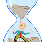 graphic of man in hour glass with sand running behind him