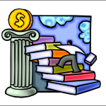 graphic of man climbing staircase of books toward gold coin