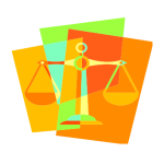 graphic depicting scales of justice with many background colors