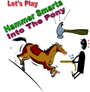 graphic of horse, hammer and dude pulling horse