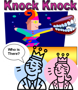 graphic of court jester, king and queen with knock knock above