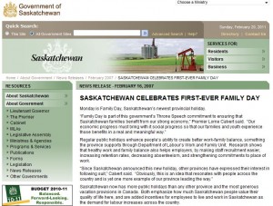 Saskatchewan Government Family Day Webpage