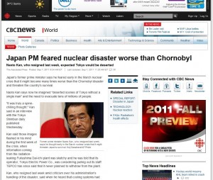 Japanese Prime Minister feared nuclear accident worse than chornobyl