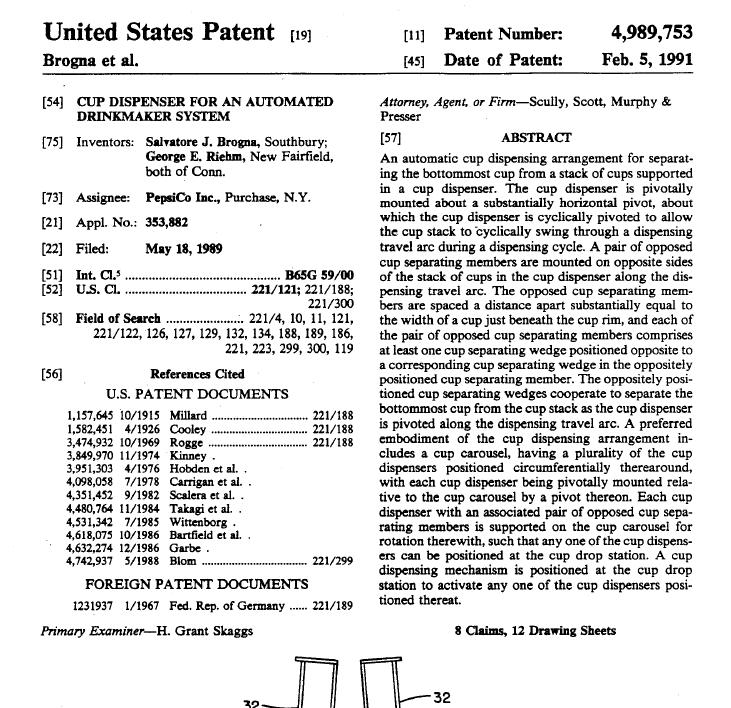 patent screenshot from automatic cup and drink dispensor