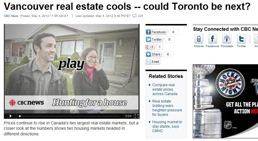 cbc website screenshot for vancouver and toronto housing market cooling