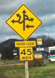 sign with twisting roads saying good luck